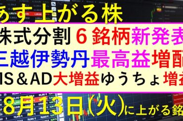 あす上がる株　2024年８月１３日（火）に上がる銘柄。ＭＳ＆ＡＤ、楽天、ゆうちょ銀行、日本郵政、三越伊勢丹、ＳＯＭＰＯ、三菱ＨＣキャピタルの決算～最新の日本株情報。高配当株の株価やデイトレ情報も～