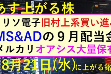 あす上がる株　2024年８月２１（水）に上がる銘柄。メルカリをオアシスは大量保有。MS&ADの９月配当金。さくらインターネットが急騰～最新の日本株情報。高配当株の株価やデイトレ情報も～